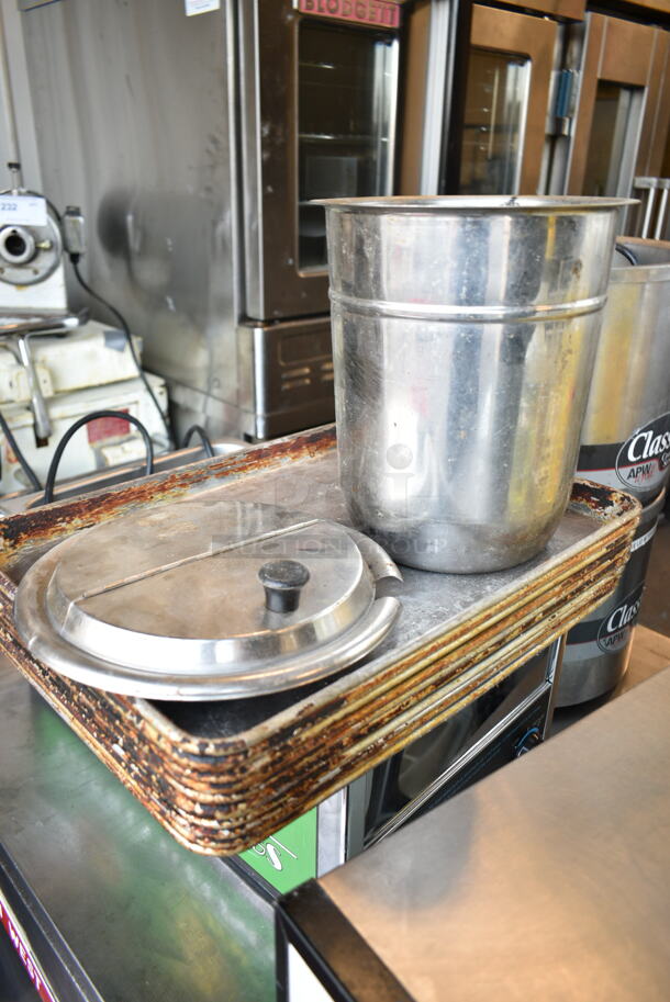 11 Various Items Including Stainless Steel Bucket, Round Center Hinge Lid and 9 Metal Half Size Baking Pans. 11 Times Your Bid! - Image 1 of 5