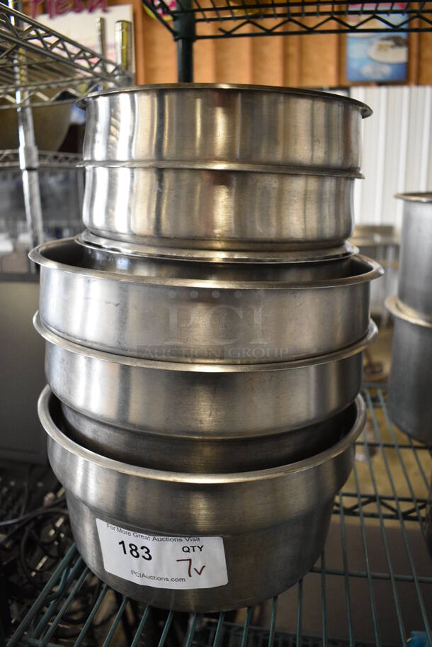 7 Various Stainless Steel Cylindrical Drop In Bins. Includes 9x9x8. 7 Times Your Bid!