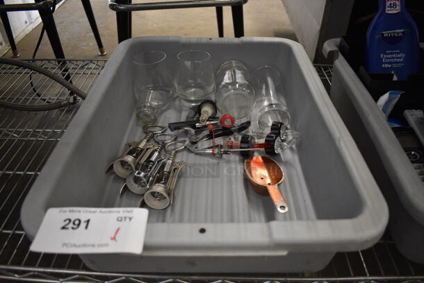 ALL ONE MONEY! Lot of Various Items Including Glasses and Wine Bottle Openers in Gray Poly Bus Bin! - Image 1 of 4