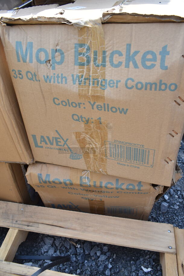 5 BRAND NEW SCRATCH AND DENT! Items; 2 Lavex 274MOPBCKTYE 35 Qt. Yellow Mop Bucket & Side Press Wringer Combo, 2 Lavex 274MOPBCKTDN 35 Qt. Yellow Mop Bucket and Down Press Wringer Combo, Lavex Black Slim Jim Trash Can. 5 Times Your Bid!  - Image 7 of 8