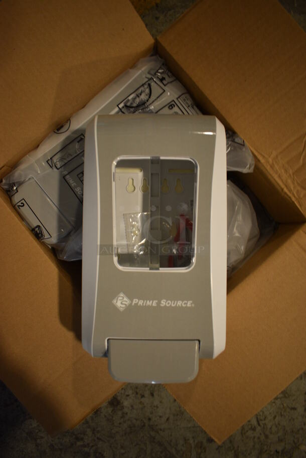 6 BRAND NEW IN BOX! Prime Source Gray and White Poly Wall Mount Hand Soap Dispensers. 6.5x5x11.5. 6 Times Your Bid!