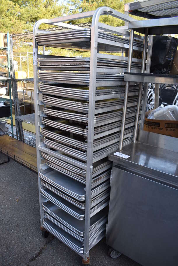 Metal Commercial Pan Transport Rack w/ 68 Metal Full Size Baking Pans on Commercial Casters. 21x26x69 - Image 2 of 4