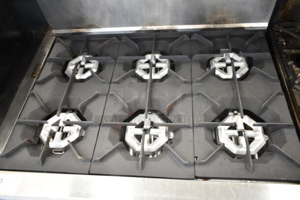 Dynamic Cooking Systems DCS 36-6-1N Stainless Steel Commercial Variable Gas Powered 6 Burner Range w/ Oven, Over Shelf and Back Splash.  - Image 2 of 7