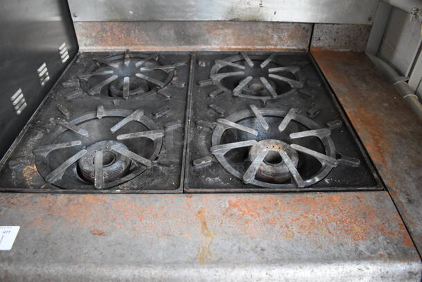 Vulcan Stainless Steel Commercial Natural Gas Powered 4 Burner Range w/ Oven, Over Shelf and Back Splash on Commercial Casters. 43.5x40x61 - Image 6 of 11