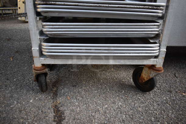 Metal Commercial Pan Transport Rack w/ 68 Metal Full Size Baking Pans on Commercial Casters. 21x26x69 - Image 4 of 4