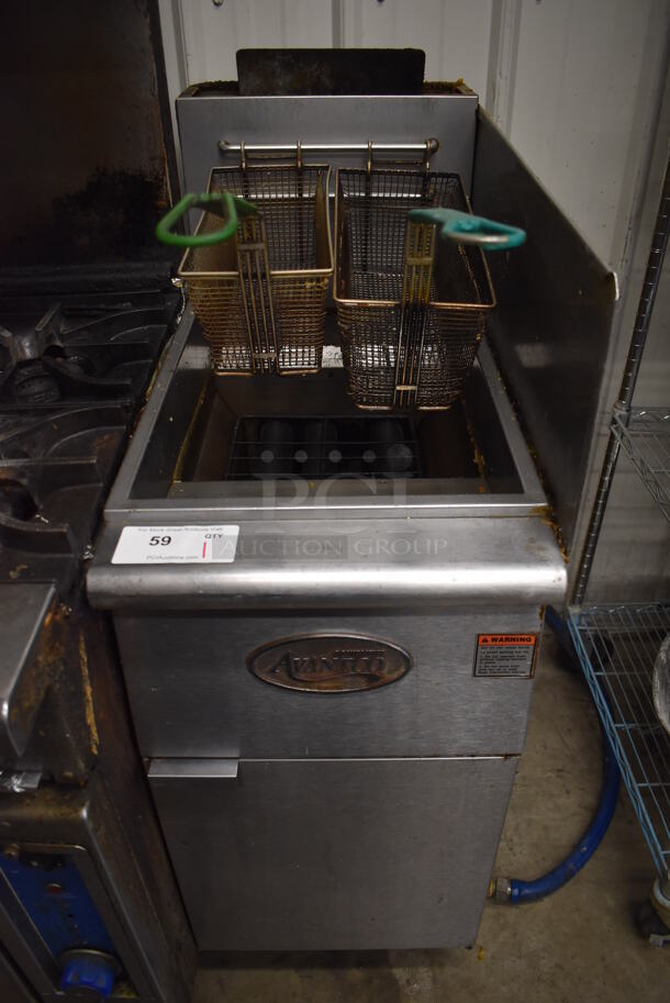 2014 Avantco FF300 Stainless Steel Commercial Natural Gas Powered Deep Fat Fryer w/ 2 Metal Fry Baskets and Right Side Splash Guard. 90,000 BTU. 16x30x44 - Image 1 of 7