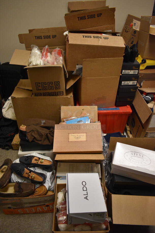 ALL ONE MONEY! Pallet Lot of Various Items Including Aldo Brand Shoes, Tommy Bahama Button Up Shirt, White Tube Socks, Allen Edmond Shoes, Slippers, Box of Various Bags, Women's Winter Boots, Brand New Bobby Jones Size L Shirts, and Box of Blankets
