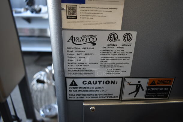 BRAND NEW SCRATCH AND DENT! Avantco MX60H Metal Commercial Floor Style 60 Quart Planetary Dough Mixer w/ Stainless Steel Mixing Bowl, Bowl Guard, Dough Hook, Paddle and Whisk Attachment. 240 Volts, 3 Phase.  - Image 11 of 12