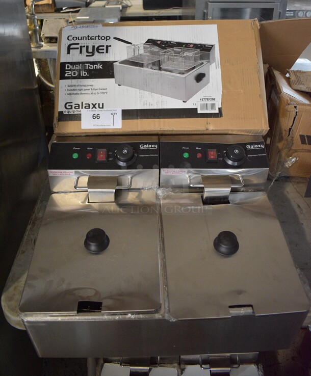 BRAND NEW SCRATCH AND DENT! Galaxy Model 177EF20E Stainless Steel Countertop Electric Powered Double Bay Fryer w/ 2 Baskets and 2 Lids. 110 Volts, 1 Phase. 21.5x17x11.5
