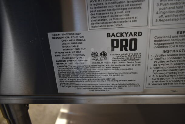 BRAND NEW SCRATCH AND DENT! 2022 Backyard Pro 554BPGST4WLP Stainless Steel Commercial Propane Gas Powered 4 Well Steam Table w/ Under Shelf on Commercial Casters. - Image 4 of 6