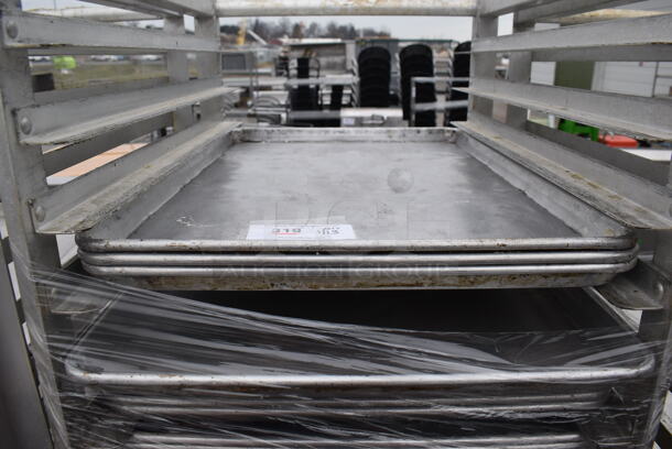 Metal Commercial Pan Transport Rack  w/ 55 Full Size Metal Baking Pans on Commercial Casters. 21x27x70 - Image 3 of 3