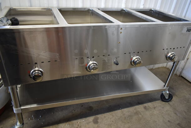 BRAND NEW SCRATCH AND DENT! 2022 Backyard Pro 554BPGST4WLP Stainless Steel Commercial Propane Gas Powered 4 Well Steam Table w/ Under Shelf on Commercial Casters. - Image 6 of 6