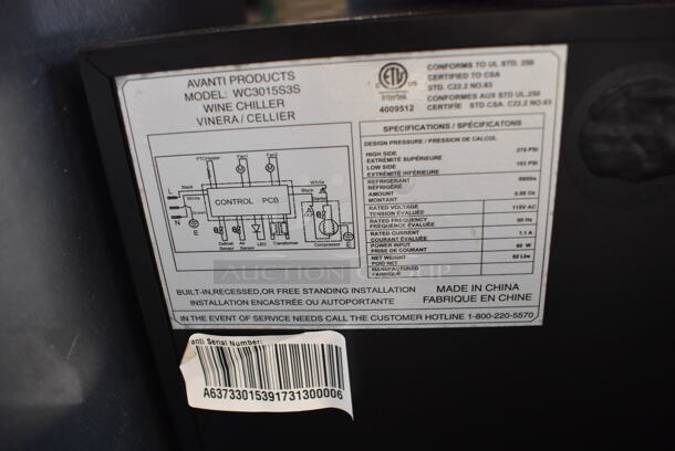 BRAND NEW SCRATCH AND DENT! Avanti WC3015S3S Metal Single Door Mini Wine Chiller Cooler Merchandiser. 115 Volts, 1 Phase. 15x23x34. Tested and Working! - Image 5 of 5