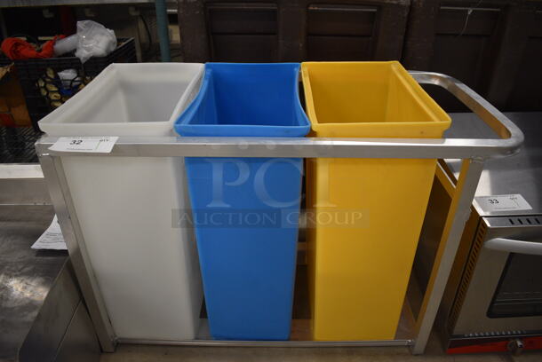 Metal Frame w/ 3 Various Poly Ingredient Bins. No Lids. Comes w/ 4 Commercial Casters. 33.5x17x22.5
