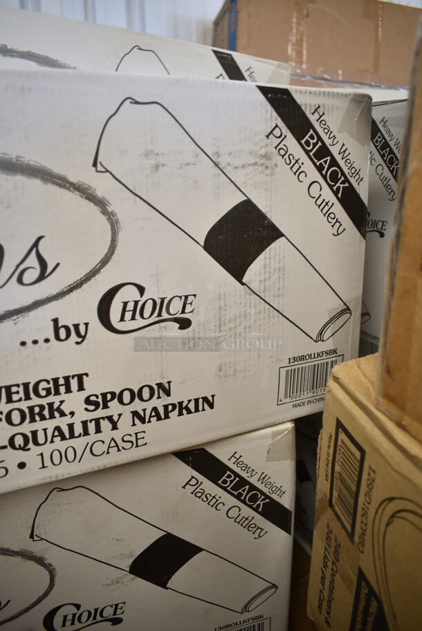 PALLET LOT of 42 BRAND NEW Boxes Including 7 Box 130ROLLKFSBK Visions 17" x 17" White Pre-Rolled Linen-Feel Napkin and Black Heavy Weight Plastic Cutlery Set - 100/Case, 129MCR24B Choice 24 oz. Black Round Microwavable Heavy Weight Container with Lid 7 1/4" - 150/Case, Choice 16 oz Deli Containers, 130SERVSPBK Visions 10" Black Disposable Plastic Serving Spoon - 72/Case, 760SOUP16KFT EcoChoice 16 oz. Kraft Paper Food Cup with Vented Lid - 250/Case, 433CARTRAY1 EcoChoice Pulp Fiber 1 Cup Carrier with Tray - 200/Case, 5002BNAPNAT EcoChoice 2-Ply Natural Kraft Beverage / Cocktail Napkin - 3000/Case, 5002CPTEC Lavex 2-Ply White Center Pull Economy Paper Towel Roll, 500 Sheets / Roll - 6/Case, 20500-3L Genpak 20500-BLK 9 3/16" x 6 1/2" x 2 7/8" Black Large Deep All Purpose Foam Hinged Lid Container - 200/Case, 128HD12COMBO ChoiceHD 12 oz. Microwavable Translucent Plastic Deli Container and Lid Combo Pack - 240/Case, 427BMFAR75SL Umbrella. 42 Times Your Bid! - Image 3 of 12