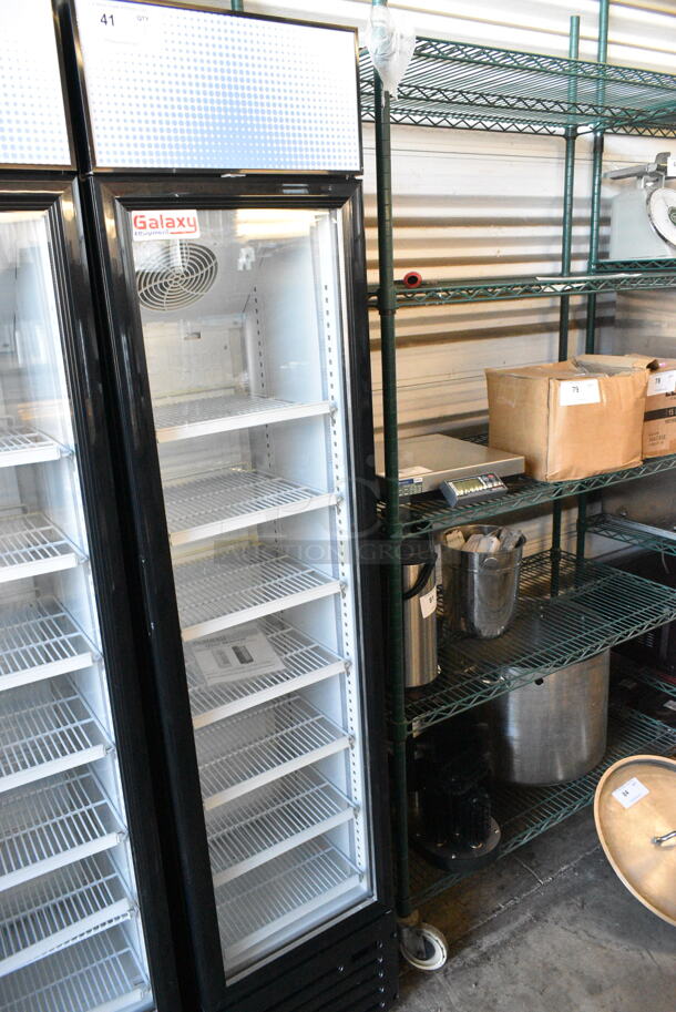 BRAND NEW SCRATCH AND DENT! Galaxy 177GDN5RBB Metal Commercial Single Door Reach In Cooler Merchandiser w/ Poly Coated Racks and Red, White, and Blue LED Lighting. 110-120 Volts, 1 Phase. Tested and Working! - Image 1 of 7