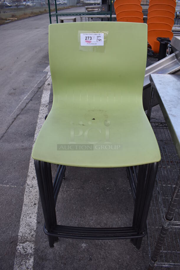 4 Bar Height Chairs w/ Green Seat and Metal Frame. 20x21x39. 4 Times Your Bid!
