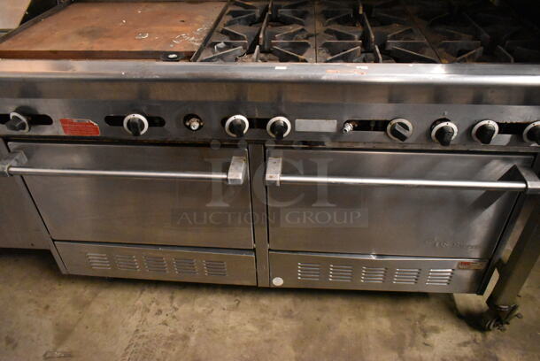 Garland PS-24G-6-2628 Stainless Steel Commercial Natural Gas Powered 6 Burner Range w/ Left Side Flat Top, 2 Ovens, Over Shelf and Back Splash.  - Image 3 of 11