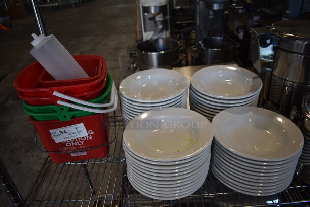 ALL ONE MONEY! Lot of 3 Tiers Worth of Various Items Including BRAND NEW Boral Coffee Cup Sets, Metal Chafing Dishes, Ceramic Pasta Plates, Poly Bins. Does Not Include Shelving Unit. - Image 5 of 8