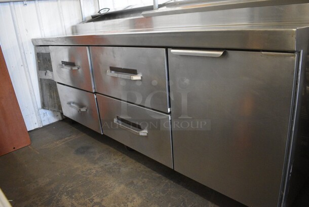 Randell Stainless Steel Commercial Sandwich Salad Prep Table Bain Marie Mega Top w/ 1 Door, 4 Drawers, Overshelf and Ticket Holder on Commercial Casters. 89x35x56.5. Tested and Does Not Power On - Image 3 of 7