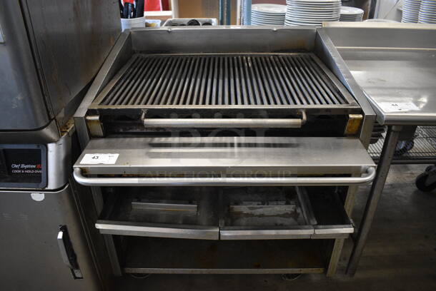 MagiKitch'n Stainless Steel Commercial Floor Style Natural Gas Powered Charbroiler Grill on Commercial Casters. 36x35x40