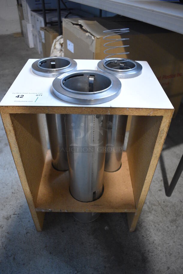 Wooden Unit w/ 3 Metal Cup Dispenser Chutes. 15.5x12x24