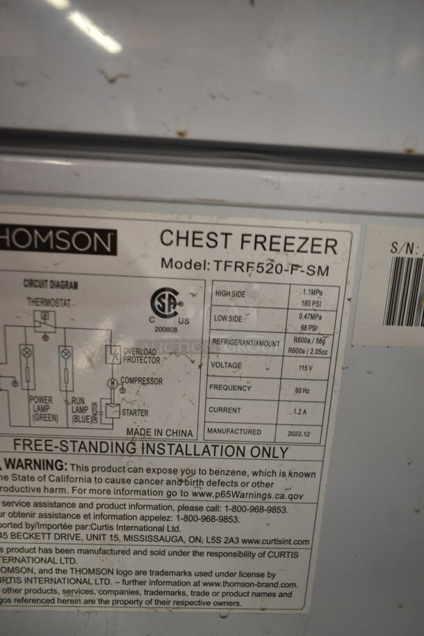 2022 Thomson TFRF520-F-SM Metal Chest Freezer w/ Hinge Lid. 115 Volt, 1 Phase. Tested and Working! - Image 4 of 4