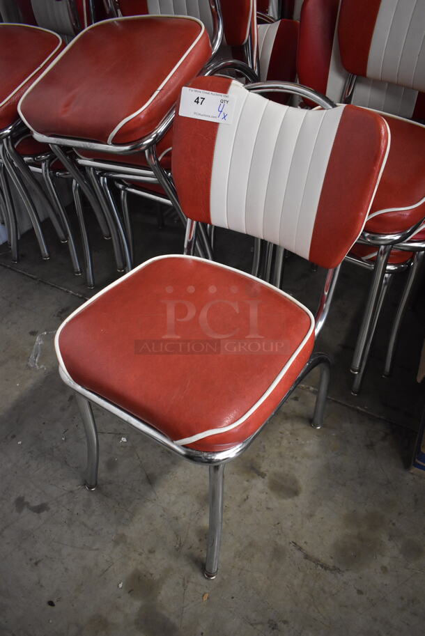 4 RETRO White and Red Dining Chairs on Metal Legs. 16x18x32. 4 Times Your Bid! - Image 2 of 5
