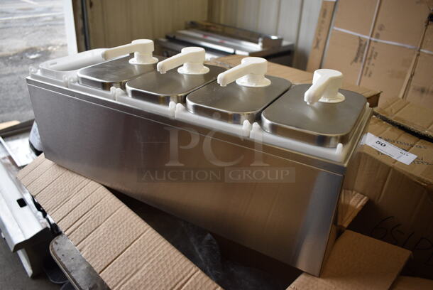 Servsense Stainless Steel Countertop Condiment Rail w/ 5 White Poly Drop Ins and 4 Pump Lids. 23.5x8x10 - Image 2 of 6