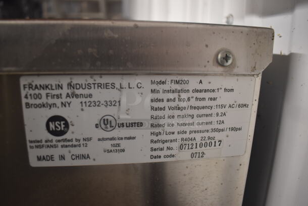 2012 Franklin Industries FIM200 Automatic Ice Maker With Storage Capacity. 115V.  - Image 5 of 5