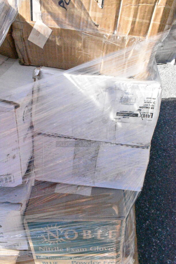 34 BRAND NEW Boxes Including 394EN504XL Noble Products Powder-Free Disposable Blue Exam Grade Nitrile 4 Mil Thick Textured Gloves - Extra Large - 1000/Case, 4339BULK Choice 9" White Uncoated Paper Plate - 1000/Case, 394365L Noble Products Powder-Free Disposable Clear Vinyl Gloves for Foodservice - Large - 1000/Case, 130BKSSPOONH Choice Black Heavy Weight Plastic Soup Spoon - 1000/Case, 760SOUP8WPL Choice 8 oz. White Double Poly-Coated Paper Food Cup with Vented Plastic Lid - 250/Case, 129MCS28B Choice 28 oz. Black Rectangular Microwavable Heavy Weight Container with Lid 8 3/4" x 6 1/4" x 1 3/4" - 150/Case, 395TO961 EcoChoice 9" x 6" x 3" Compostable Sugarcane / Bagasse 1 Compartment Take-Out Container - 200/Case, 2 Box 394365XL Noble Products Powder-Free Disposable Clear Vinyl Gloves for Foodservice - Extra Large - 1000/Case, 5012433M1 Lavex Li'l Herc 12-16 Gallon 0.9 Mil 24" x 32" Low Density Medium-Duty Black Can Liner / Trash Bag - 250/Case, 186CVBZ310 VacPak-It 6" x 10" Chamber Vacuum Packaging Bags with Zipper 3 Mil - 1000/Case, Solo 626TS Clear Flat Lid with Straw Slot - 1000/Case, 500TW5 Choice 5 oz. Translucent Thin Wall Plastic Cold Cup - 2500/Case. 34 Times Your Bid! - Image 7 of 12