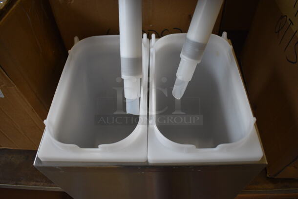 Servsense Stainless Steel Countertop Condiment Rail w/ 2 White Poly Drop Ins and 2 Pump Lids. 9.5x8x10 - Image 4 of 4