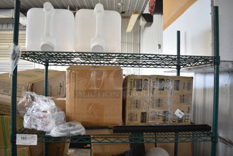 ALL ONE MONEY! Two Tier Lot of Various Items Including 2 2117576 Choice 5 Gallon Plastic Beverage Dispensing Container, 3 Box 433NHT101H Choice 1/6 Standard Size White "Thank You" Medium-Duty Plastic T-Shirt Bag - 1000/Case, HM550 Water Wand, 19496715 Avantco Ice 19496715 Controller for Undercounter Ice Machines, 4160004 iSi 499 CO2 Soda Chargers - 10/Box, Garde 181FCWDG6BLD 6-Wedge Blade Assembly, Garde 181FCWDG8BLD 8-Wedge Blade Assembly.