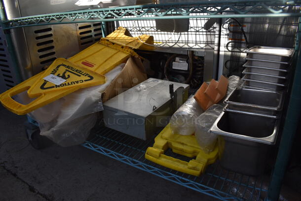 ALL ONE MONEY! Tier Lot of Various Items Including Wet Floor Sign, Stainless Steel Drop In Bins and Power Box