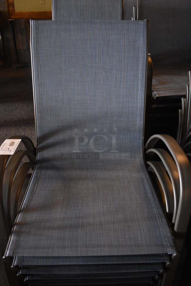 8 Metal Gray Outdoor Patio Chairs w/ Blue Seat and Arm Rests. BUYER MUST REMOVE. 22x24x36. 8 Times Your Bid! (Susquehanna Ale House) - Image 3 of 4