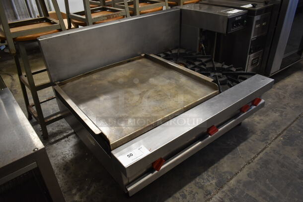 Stainless Steel Commercial Countertop Natural Gas Powered Flat Top Griddle w/ 2 Burners and Back Splash. - Image 2 of 5