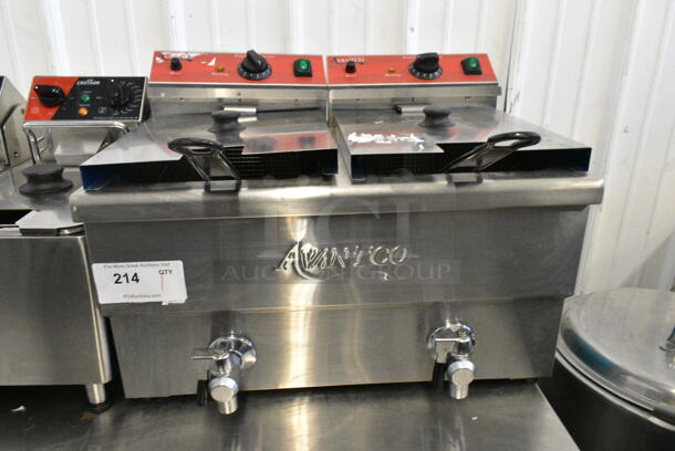 2023 Avantco 177F202 Stainless Steel Commercial Countertop Electric Powered 2 Bay Fryer w/ Lids and Metal Fry Baskets. 208-240 Volts, 1 Phase.
 - Image 1 of 10