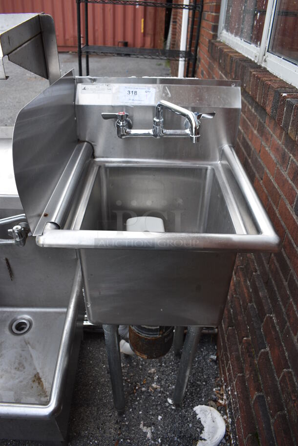 Stainless Steel Commercial Single Bay Sink w/ Insinkerator Badger Garbage Disposal, Faucet, Handles and Left Side Splash Guard. 19x22x44. Bay 14x16x10 - Image 1 of 4