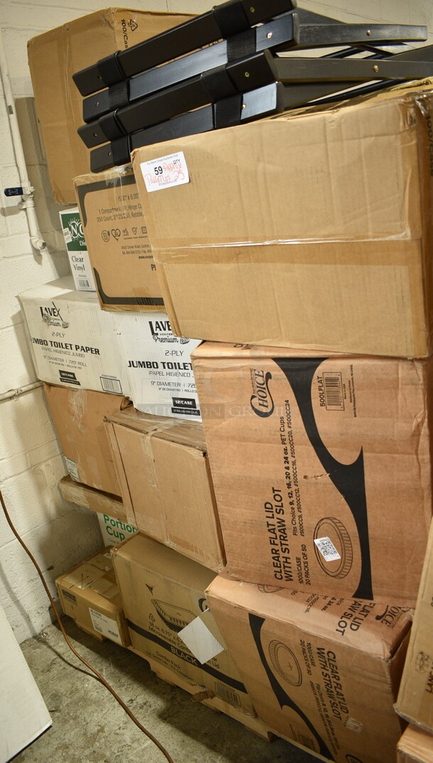 PALLET LOT of 25 BRAND NEW Boxes Including 2 Box 500LFLAT Choice Clear Flat Lid with Straw Slot - 9, 12, 16, 20, and 24 oz. - 1000/Case, 500TO993C3 Choice 9" x 9" x 3" Microwaveable 3-Compartment Black / Clear Plastic Hinged Container - 100/Case, 2 Box 127DM12BULK Choice 12 oz. Ultra Clear PET Plastic Round Deli Container - 500/Case, 127RD12BULK Choice 12 oz. Customizable Microwavable Translucent Round Deli Container - 500/Case, 2 Box 5002TPJPREM Lavex Premium 2-Ply 720' Universal Jumbo Toilet Paper Roll with 9" Diameter - 12/Case, 129MCS38B Choice 38 oz. Black Rectangular Microwavable Heavy Weight Container with Lid 8 3/4" x 6 1/4" x 2" - 150/Case, Carlisle KL12705 Kingline 12" x 9" x 1 3/16" Red Oval Platter - 12/Case, Choice 4 oz Portion Cups, 5004NAP1/4WH Choice White Linen-Feel 1/4 Fold Dinner Napkin - 800/Case, 3 Box 394365L Noble Products Powder-Free Disposable Clear Vinyl Gloves for Foodservice - Large - 1000/Case, 500TO883 Choice 8" x 8" x 3" Microwaveable 1-Compartment Black / Clear Plastic Hinged Container - 100/Case, 19343C Arcoroc 16 oz. Customizable Fully Tempered Mixing Glass / Pint Glass by Arc Cardinal - 24/Case, 612605070 Choice Full Size Foil Steam Table Pan Deep 3 3/8" Depth - Full Size Deep - 50/Case, 760FFMEDFRY Choice Medium 12 oz. Paper Scoop Cup with Fry Design - 1000/Case. 25 Times Your Bid! - Image 1 of 12