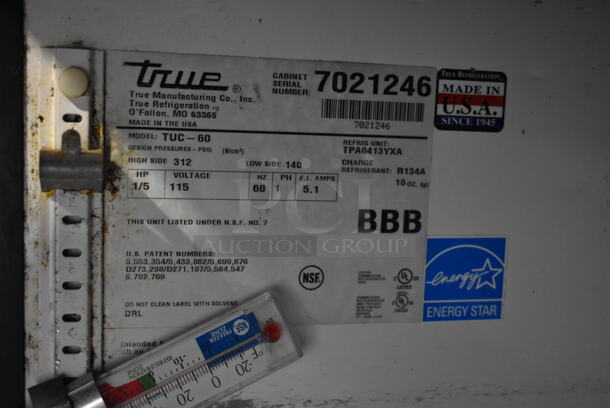 2011  True TUC-60 ENERGY STAR Stainless Steel Commercial 2 Door Undercounter Cooler on Commercial Casters. 115 Volts, 1 Phase. Tested and Powers On But Does Not Get Cold - Image 5 of 6