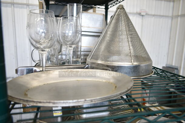 ALL ONE MONEY! Three Tier Lot of Various Items Including Metal Full Size Baking Pans, Stainless Steel Drop In Bins, Wine Glasses, Pizza Pans and Utensils.  - Image 7 of 12