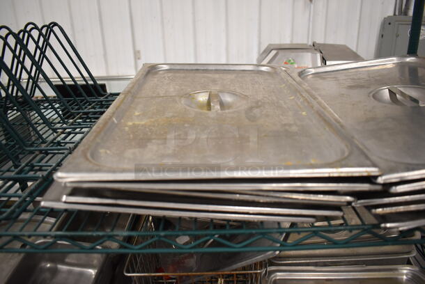 ALL OLNE MONEY! Tier Lot of Various Items Including 12 Stainless Steel Full Size Drop In Bin Lids and 2 Green Finish Racks - Image 3 of 4