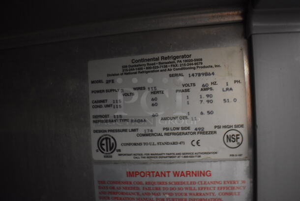 Continental 2FE Stainless Steel Commercial 2 Door Reach In Freezer on Commercial Casters. 115 Volts, 1 Phase. 57x34x82. Tested and Working! - Image 3 of 5