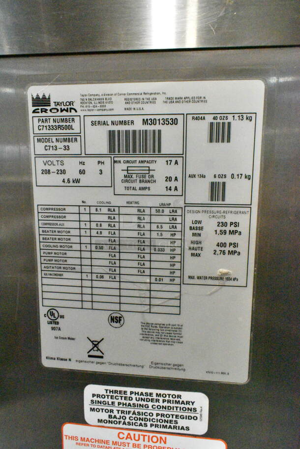 Taylor C713-33 Stainless Steel Commercial Floor Style Water Cooled 2 Flavor w/ Twist Soft Serve Ice Cream Machine on Commercial Casters. 208-230 Volts, 3 Phase. - Image 10 of 10