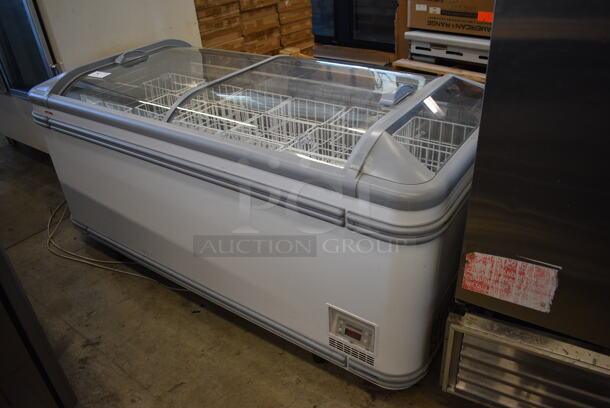 AHT Model MALTA 185 Metal Commercial Freezer Merchandiser w/ 2 Sliding Lids and White Poly Coated Baskets. 120 Volts, 1 Phase. 74x34x36. Tested and Working!
