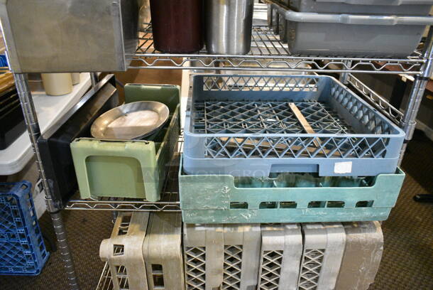 Chrome Finish 4 Tier Wire Shelving Unit on Commercial Casters w/ Contents Including Poly Caddies, Utensils. BUYER MUST DISMANTLE. PCI CANNOT DISMANTLE FOR SHIPPING. PLEASE CONSIDER FREIGHT CHARGES. (main dining room) - Image 3 of 6