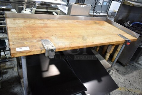 Butcher Block Table w/ Metal Under Shelf and 2 Commercial Can Openers. 