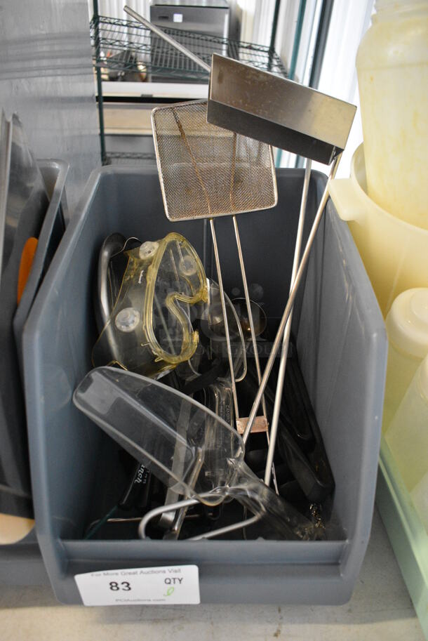 ALL ONE MONEY! Lot of Various Items Including Skimmer, Poly Ice Scoops and Poly Tongs in Gray Poly Bin!