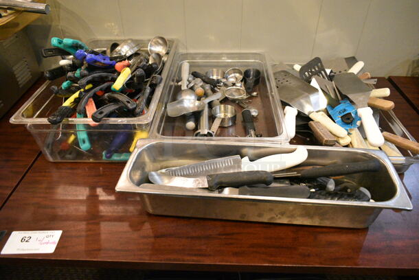 Wood Pattern Dining Height Table w/ Contents Including Utensils and Bins. (main dining room) - Image 2 of 5