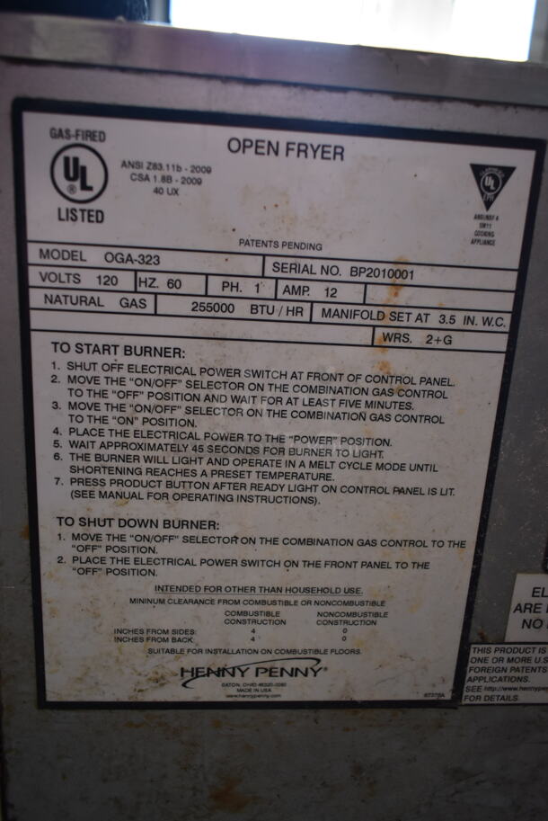 2020 Henny Penny OGA-323 ENERGY STAR Stainless Steel Commercial Natural Gas Powered 3 Bay Fryer w/ 3 Metal Fry Baskets on Commercial Casters. 255,000 BTU.  - Image 12 of 12